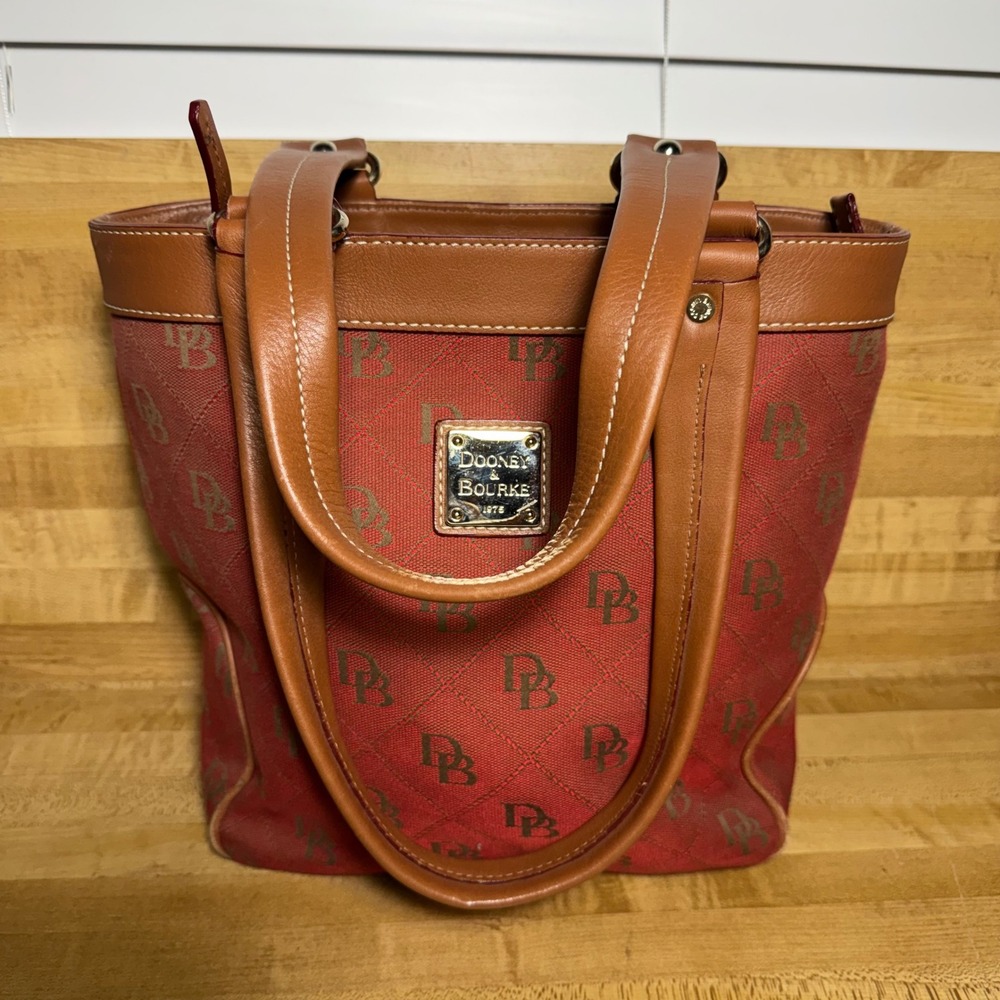 Dooney & Bourke Red Quilted Canvas DB Monogram Tote Bag Leather Trim K5546212